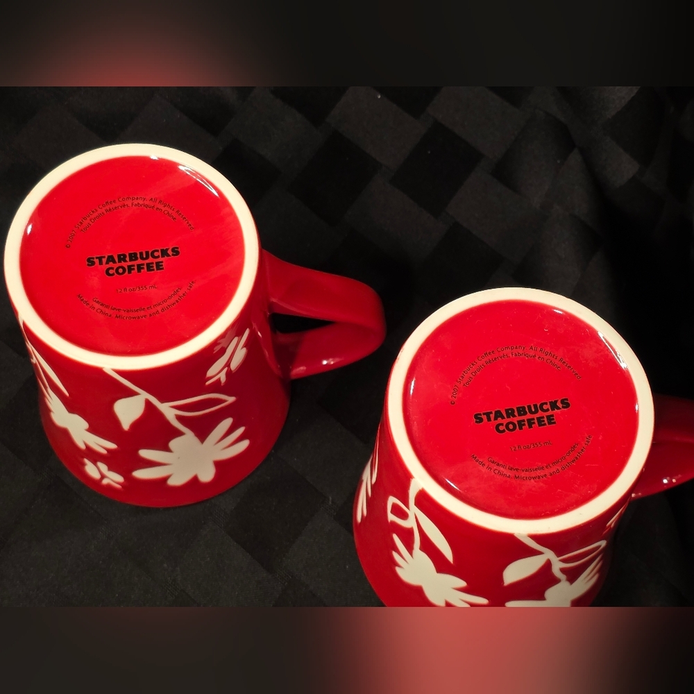 Pair Of Starbucks 2007 Coffee Mugs Red White Debossed Floral Flowers 12oz Cup - Picture 10 of 10